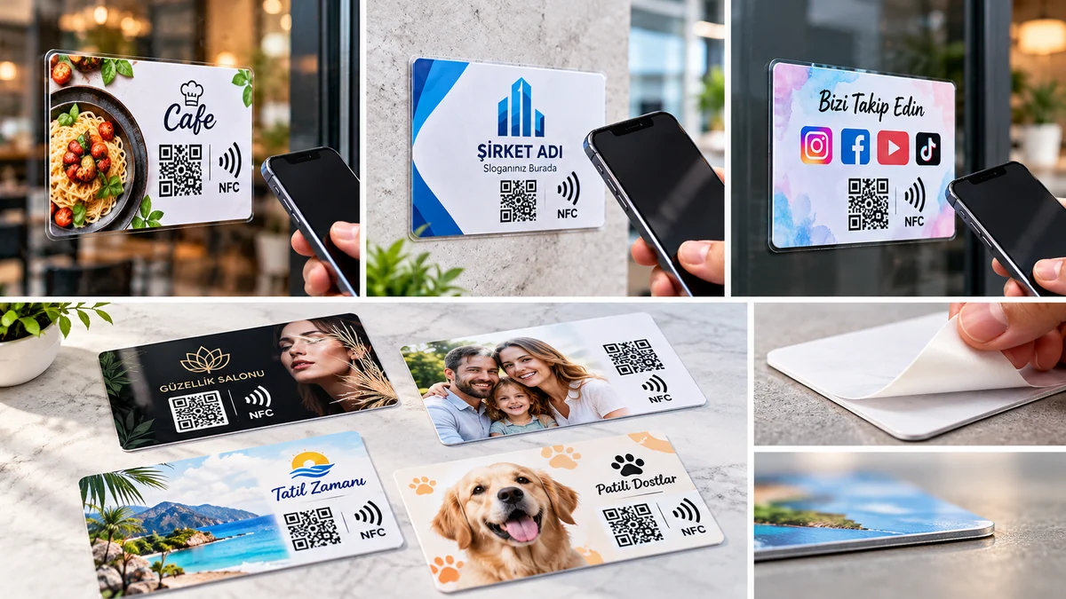 Logo, fotoğraf, dijital menü ve sosyal medya tasarımlarıyla kişiselleştirilmiş ince lamine NFC Kart örnekleri ve yapışkan arka yüz