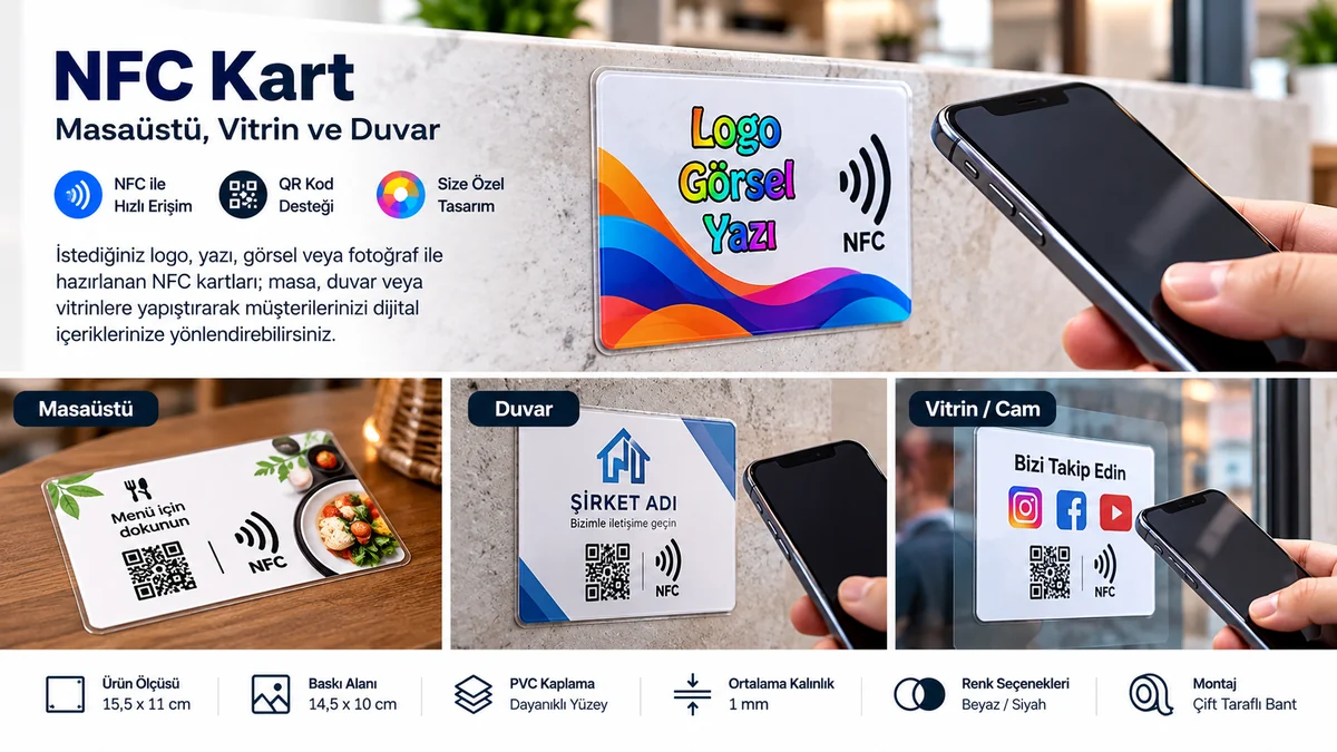 NFC Kartın masaüstü, duvar ve vitrin kullanımını, özel baskıyı ve çift taraflı bantla montajı gösteren tanıtım görseli